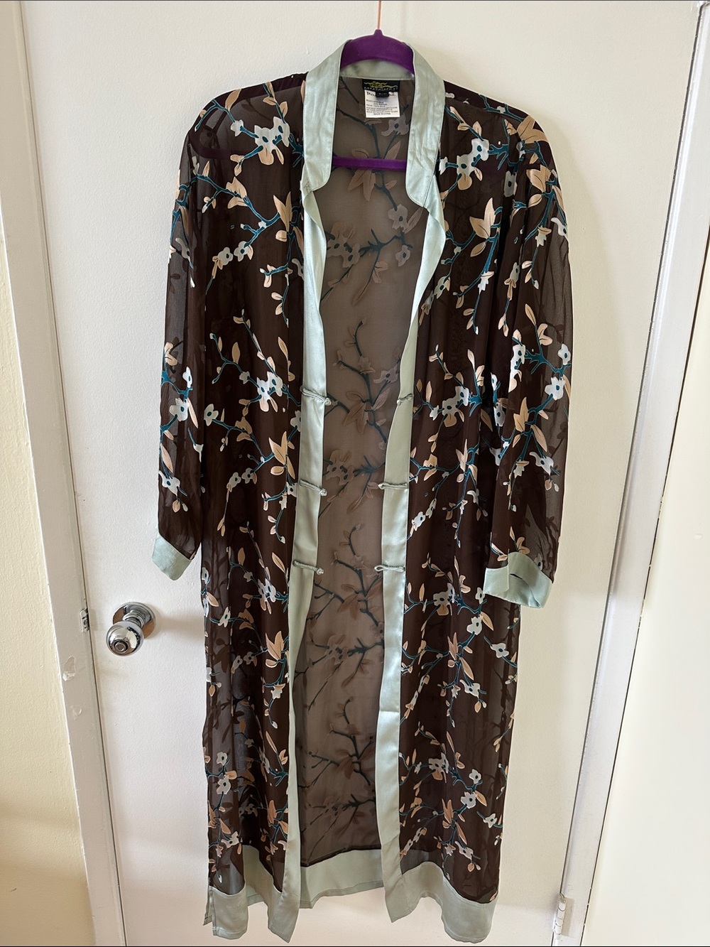 Women's Silk Floral Sheer Long Robe with Satin Trim